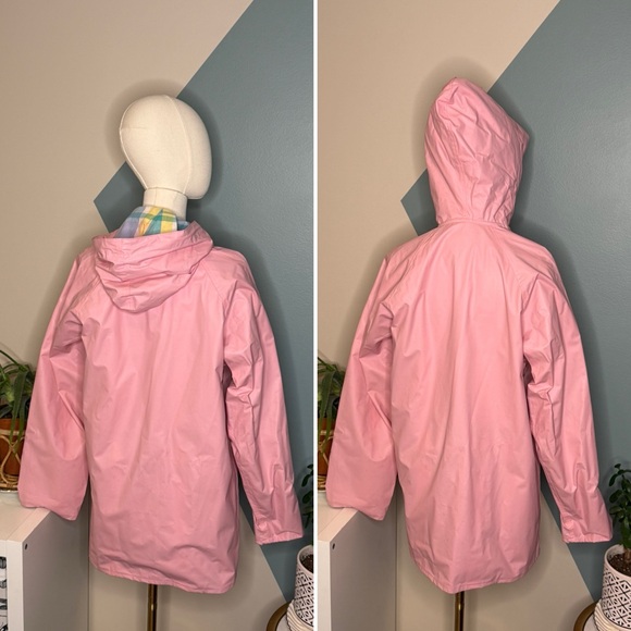 Vtg 90s Misty Harbor Pink PVC Rain Slicker Plaid Lined Hooded M Coastal Preppy - Picture 4 of 14